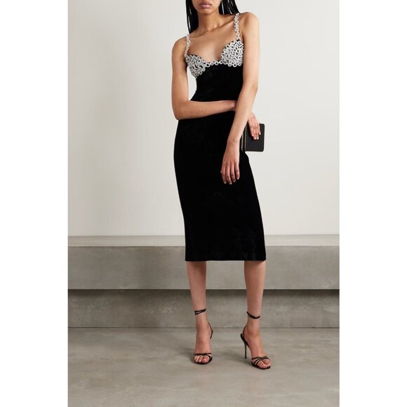 PATBO Crystal Chain Velvet Midi Dress Black - Picture 1 of 7